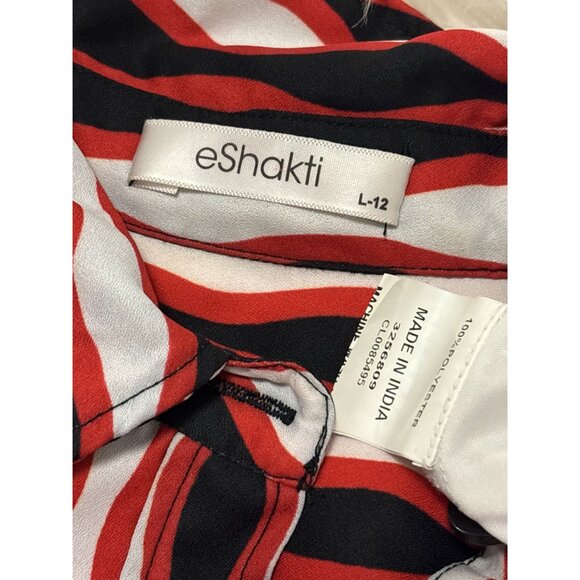 Eshakti Women's Red and Black Tie waist stripe print crepe shirtdress size Large - Picture 5 of 7